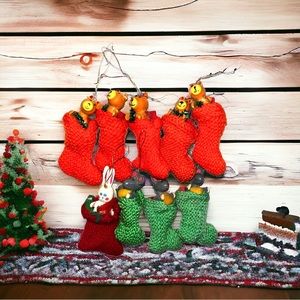 Lot Of 9 VTG Mini Stocking Christmas Ornaments Bear Mouse Rabbit Approx 3”